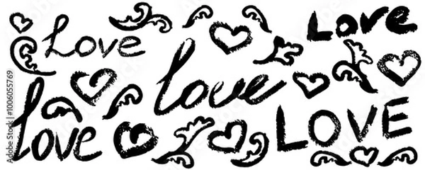 Obraz Set of words love and hearts. Ink, hand draw with rough edges. Handwritten font vector. Typographic decor for greeting cards