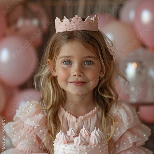Fototapeta Cute little girl in crown with Birthday cake and balloons on pink background. Made with generative ai.