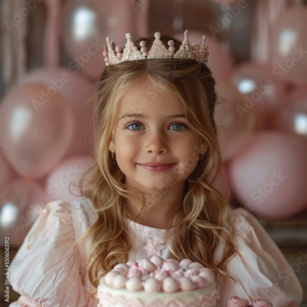 Fototapeta Cute little girl in crown with Birthday cake and balloons on pink background. Made with generative ai.