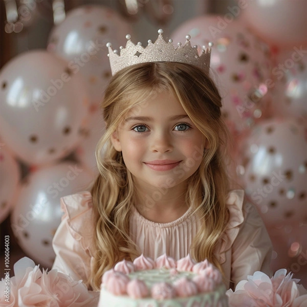 Fototapeta Cute little girl in crown with Birthday cake and balloons on pink background. Made with generative ai.