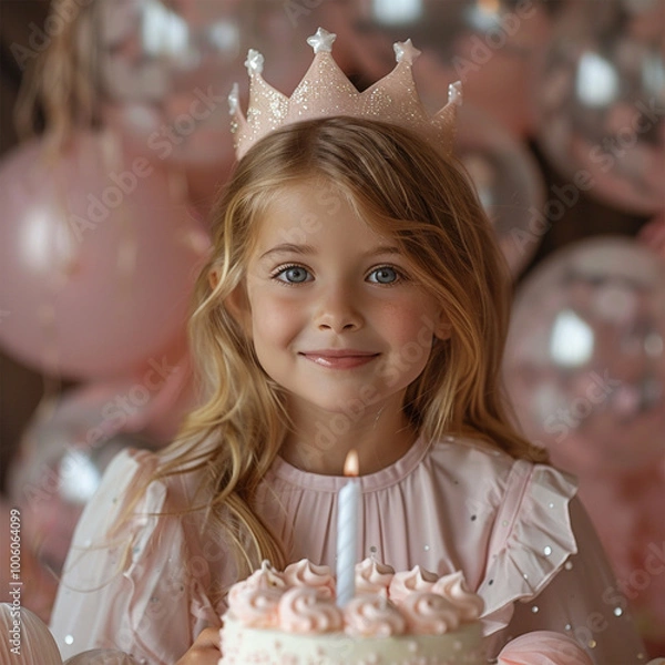 Fototapeta Cute little girl in crown with Birthday cake and balloons on pink background. Made with generative ai.