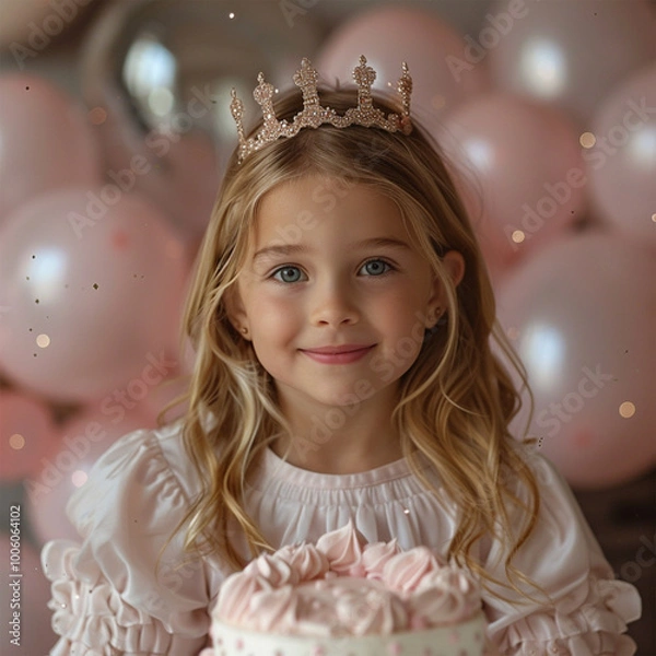 Fototapeta Cute little girl in crown with Birthday cake and balloons on pink background. Made with generative ai.