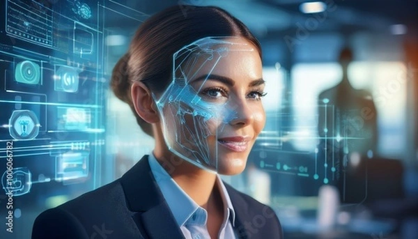 Obraz Advanced Face Recognition Technology in a Business Environment - AI-Powered Biometric Identification System with Digital Interface and Facial Mapping at Work