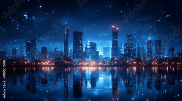 Obraz Cityscape Reflections Under Starry Night