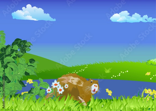 Fototapeta Nutria rat eating into it natural habitat on the border of a river. Vector landscape illustration.