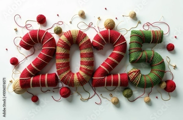 Fototapeta Number (digit) 2025 represents the happy year 2025 in a minimalist style, the digits are 3D-rendered from wool threads of red, gold and green colors, on the digits are patterns in the New Year style