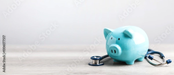Fototapeta A Blue piggy bank and a stethoscope rest on a table against a bright white background. The image represents the concept of saving money for health care or financial security.