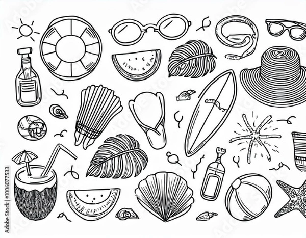 Fototapeta line art vacation summer objects  illustrations, simple minimalist sea and ocean items and accessories graphic, logo isolated on white background