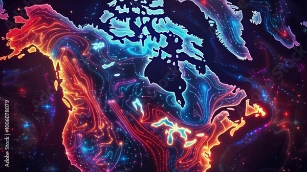 Fototapeta This neon representation of Canada highlights the countrys diverse landscapes with colorful, flowing patterns, creating a striking visual effect