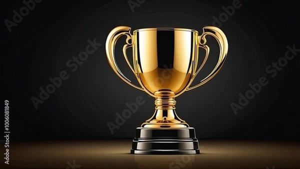 Fototapeta Vector golden trophy cup with reflective surface, centered on a dark background, representing sports tournament success and honor