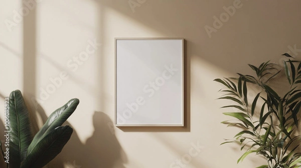 Fototapeta Close-up mock-up of a blank poster with a sleek black frame against a neutral white wall design, black frame on white wall mock up AI generated.