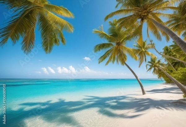 Fototapeta tranquil beach scene lush swaying palm gentle clear blue soft sandy shore line, tree, sky, sea, water, cloud, coast, wave, sunlight, ocean, landscape
