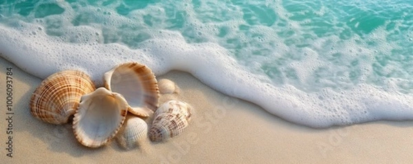 Fototapeta Seashells on sandy beach with ocean waves