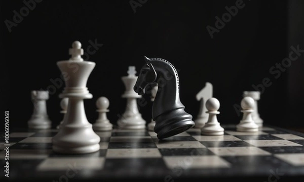 Fototapeta Mid-game chessboard with a poised knight ready to strike in an intricate arrangement of pieces on a vintage wooden board