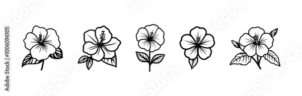 Obraz A collection of five hibiscus flowers in various styles, depicted in a simple line art design.