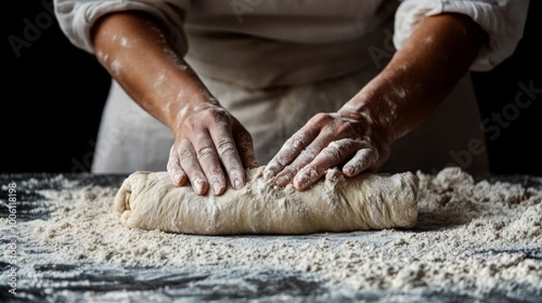 Obraz hands kneading dough on table