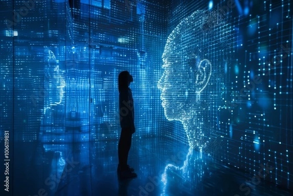 Obraz Exploring the digital realm of holographic faces in a futuristic art installation at a tech exhibition. Generative AI