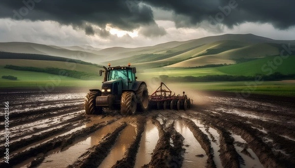 Fototapeta Muddy Tractor in Action Plowing Through Wet Fields