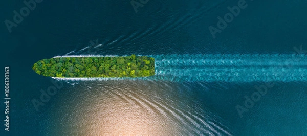 Fototapeta Container ship with green Leave. green transportation industry eco shipping for sustainable energy saving environmental low carbon. Express Cargo Container Ship with contrail in the ocean