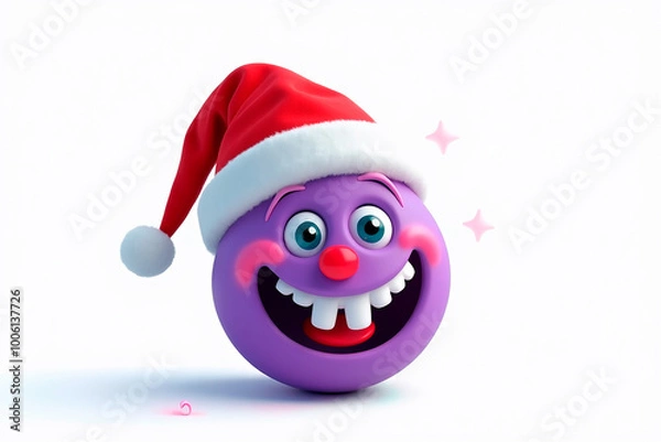 Fototapeta Illustration of a pleased and happy purple emoji in Santa Claus hat on white background