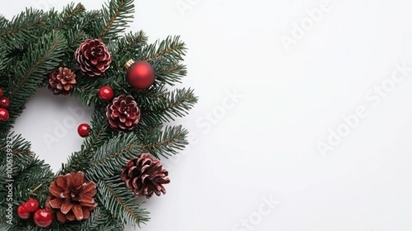 Fototapeta Christmas Wreath with Pine Cones and Ornaments