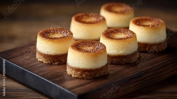 Fototapeta Mini cheesecake bites arranged on a dark wooden board, one bite showing the creamy filling inside, soft side lighting highlighting textures, rich shadows creating depth,