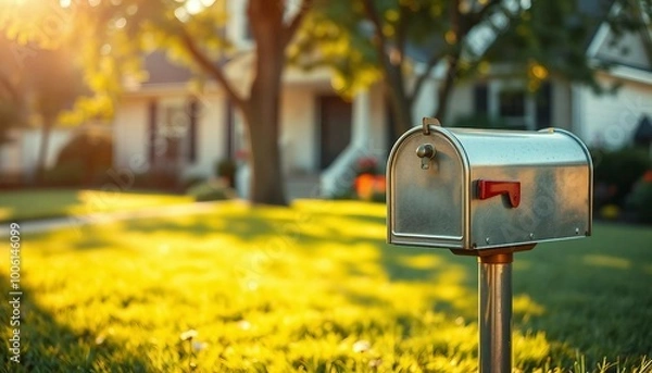 Fototapeta  Close-up of a mailbox in front of a detached house's garden on a sunny summer day.