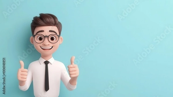 Fototapeta Happy employee with thumbs up, successful results, cartoon style, 3D illustration
