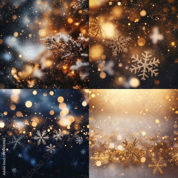Fototapeta christmas  background abstract snowflakes golden and black blured balls glitters