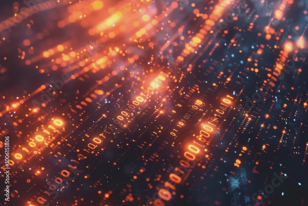 Obraz Futuristic digital abstraction Neon lights streaming data Binary code Blue and orange high tech.