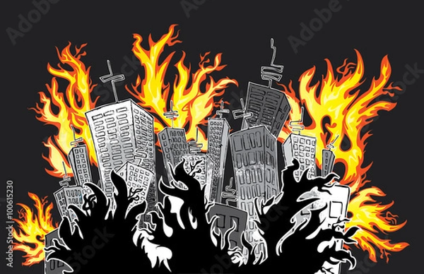 Obraz cartoon city catching fire