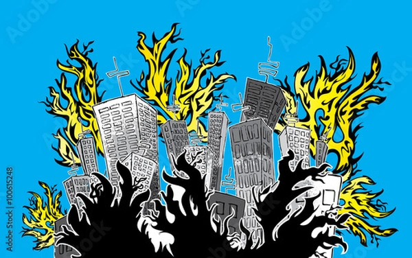 Obraz cartoon city catching fire