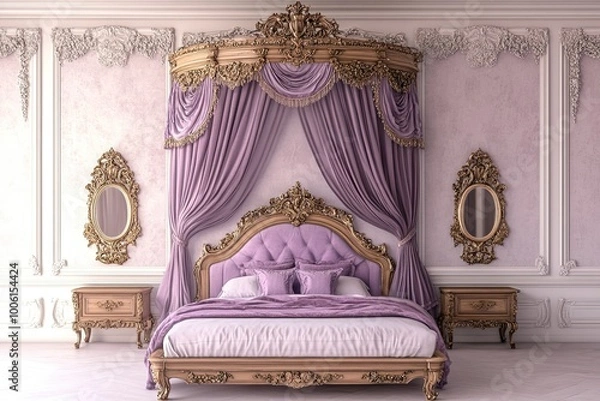 Fototapeta luxury classic royal bedroom with light purple elegant traditional royal wooden bed with canopy royal beds and elegant intricate carving frame 