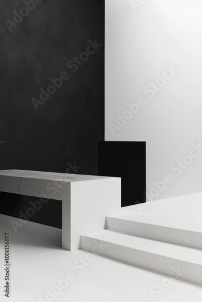Fototapeta A minimalist modern interior featuring a black and white geometric design with a sleek marble bench and white steps.