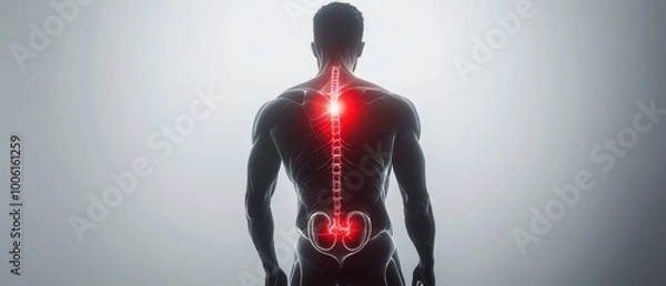 Fototapeta Topdown view of human back with glowing red zone over kidneys, signifying sharp localized pain, medical concept kidney pain, back pain, medical illustration