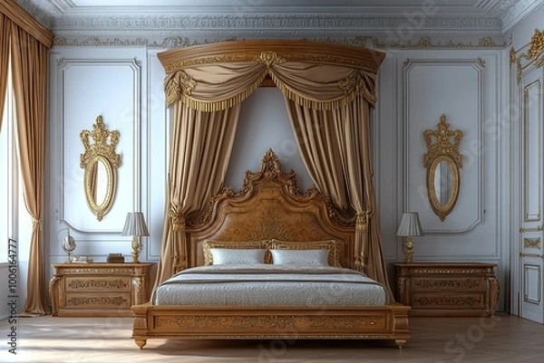 Fototapeta luxury classic royal bedroom with apricot elegant traditional royal wooden bed with canopy royal beds and elegant intricate carving frame and vintage mirror 