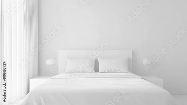 Fototapeta A minimalist bedroom featuring a white bed, pillows, and soft curtains, creating a serene and calming atmosphere.