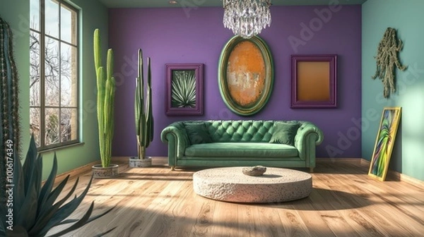 Obraz An artistic living room with maple floors, periwinkle walls, and a jade green sofa A round sandstone coffee table, plum frames, and tall cacti A crystal teardrop chandelier hangs above