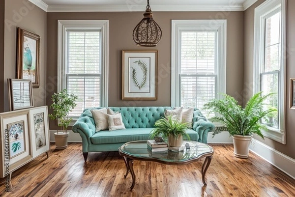 Fototapeta An elegant living room with hickory wood floors, taupe walls, and a turquoise sofa A kidney-shaped glass coffee table, ivory frames, and potted ferns An ornate bronze pendant light