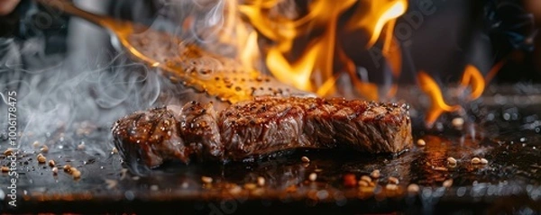 Fototapeta Grilled beef teppanyaki cooking on hot iron griddle with flames and sesame seeds.