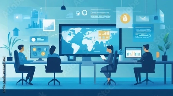 Obraz A global business team video conferencing with clients from multiple countries, modern office with digital communication tools