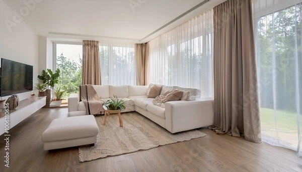 Obraz a modern white living room interior. Showcase the beauty of the room with large, billowing curtains on the window that bring in soft natural light.