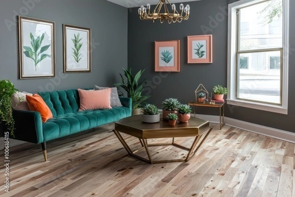 Fototapeta A chic living room with birch flooring, steel gray walls, and a teal sofa A hexagonal bronze coffee table, peach frames, and succulents A vintage brass chandelier
