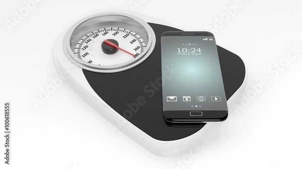 Obraz Bathroom scale with smartphone, isolated on white background.