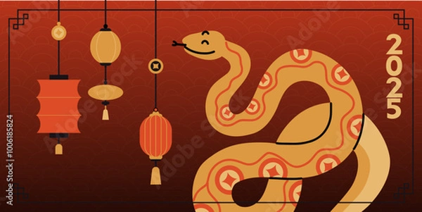 Obraz Chinese New Year snake. 2025 holiday banner. Golden serpent on red background. Zodiac animal mascot. Horoscope character, traditional Asian ornament. Congratulation poster. Vector illustration