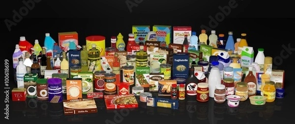 Obraz Various grocery products, on black background with reflections.