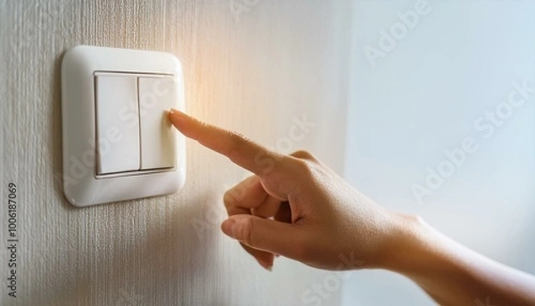 Obraz Close up of Female finger is turn off on lighting switch at home. Power, Energy, Saving Electrical, Copy space. Created with Generative AI technology.