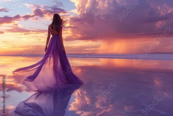 Fototapeta Elegant woman in a flowing dress walking on a salt lake at sunset.