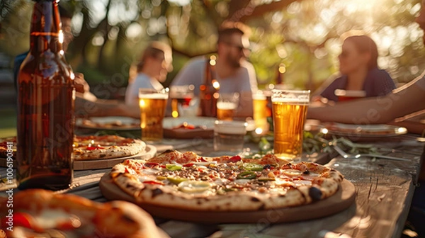 Fototapeta Friends enjoying pizza and beer at an outdoor gathering. Multiple pizzas with various toppings are spread across a large wooden picnic table, alongside chilled beer bottles