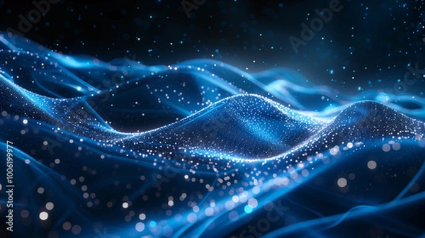 Fototapeta Digital Wave of Glowing Blue and Green Lines on a Black Background, Symbolizing the Flow and Movement Between Data Points in an AI System, with Depth and Complexity